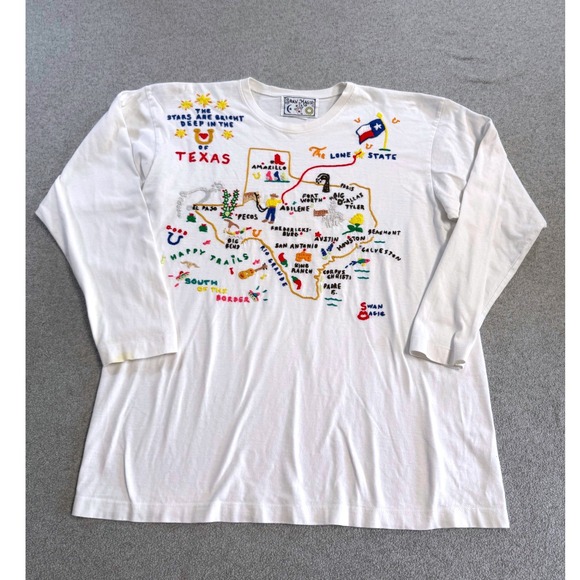 Swan Magic Tops - Vintage Style Texas Map Embroidered Tee Swan Magic Folk Art Graphic Shirt USA XL